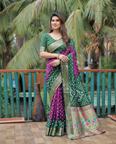 Green And Purple Paithani with Bandhej Saree With Zari Weaving
